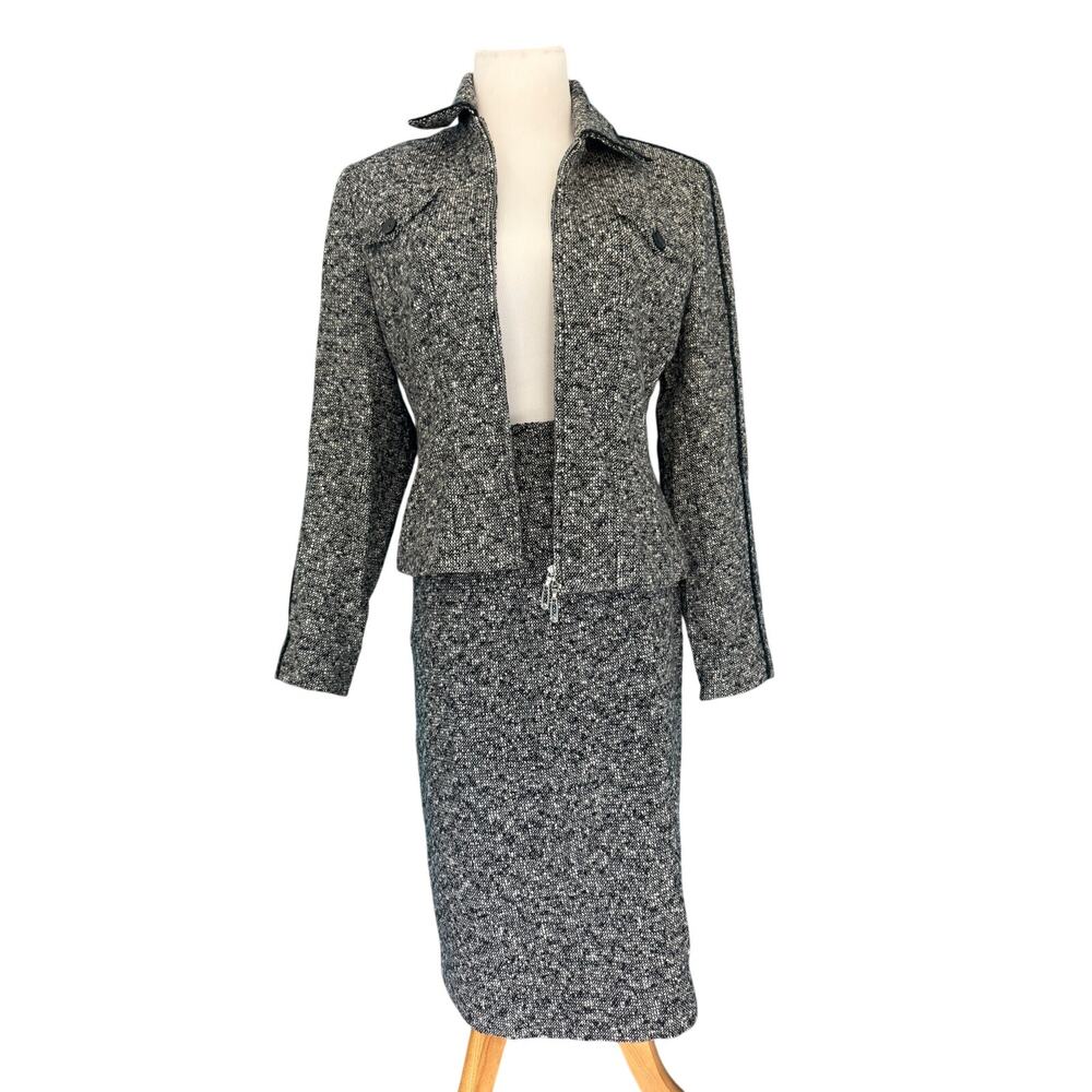 Escada Black White Tweed Skirt Suit Set Size 36